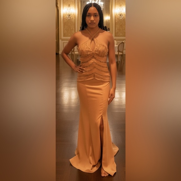 LANDA Gold Beaded Evening Long Prom Wedding Formal Halter Dress 10 (fits like 6) - Picture 1 of 5